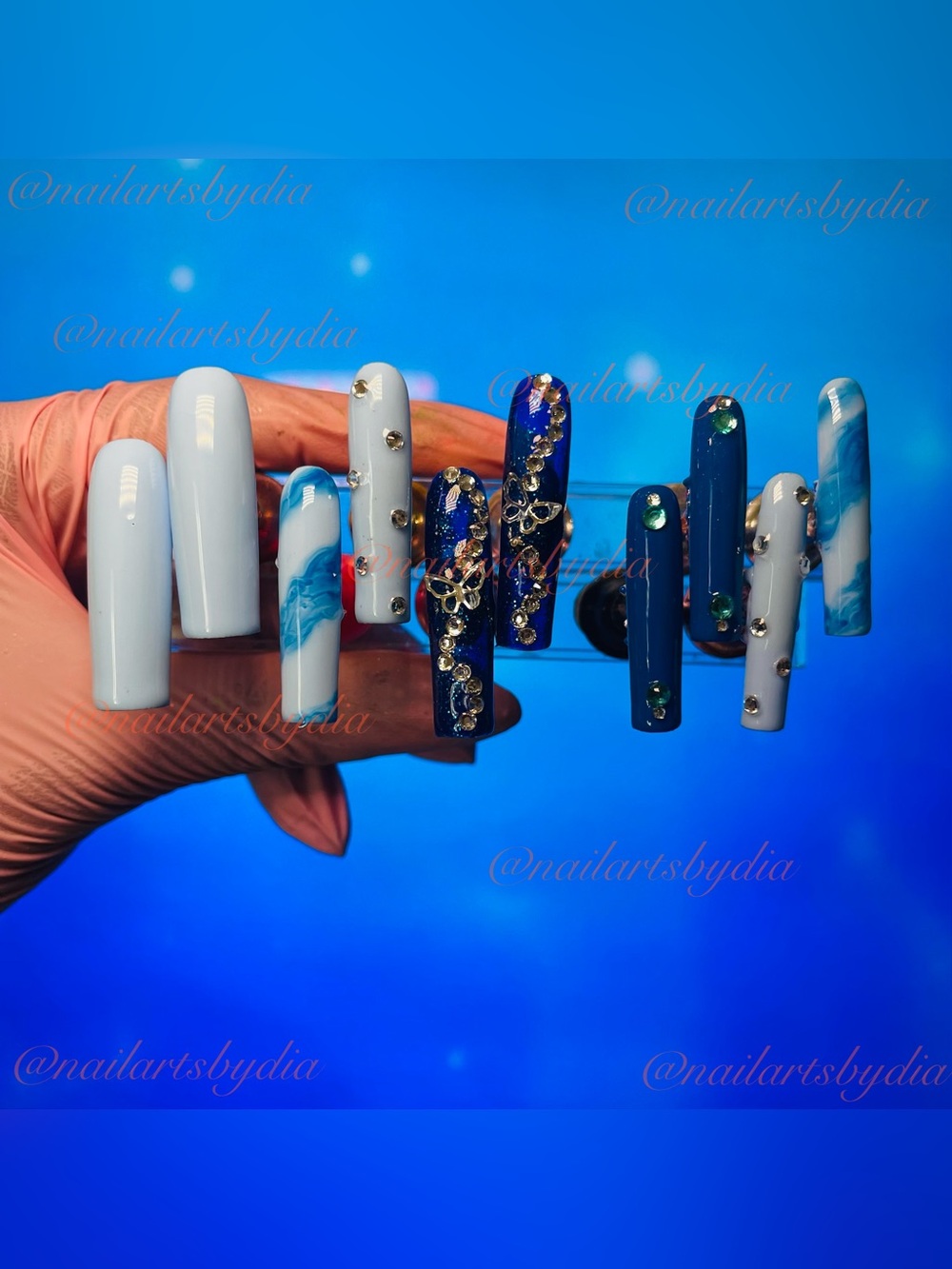 Blue & White Rhinestone Butterfly Press-On Nails
